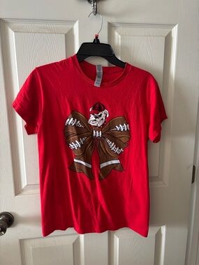 Gildan Red Short Sleeve Tee with Football Bow & Bulldog Graphic